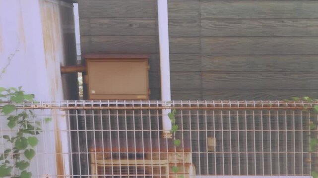 住宅街のフェンスと古い建物の風景