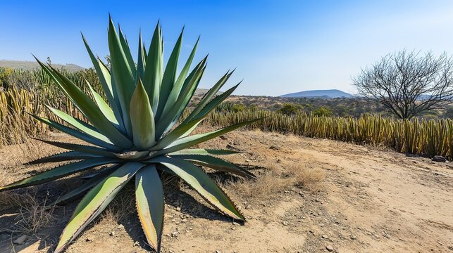 amalgam. A mature blue agave plant lies harvested on the arid desert ground under harsh sunlight. gardening catalogs, home-decor guides, designed for gardening and botanical catalogs.