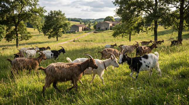 Herd of goats grazing peacefully in a sun-drenched meadow surrounded by rolling hills and rustic buildings