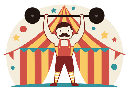 A cartoon circus strongman with a black handlebar mustache wearing a red singlet lifts a black barbell in front of a striped tent.