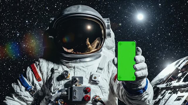 Astronaut holding a green screen smartphone in outer space with stars and planets