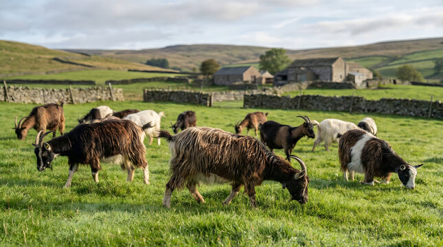 Herd of domestic goats grazing on green grass in a rural pasture, with traditional stone farm buildings and rolling hills under wide sky, depicting peaceful countryside life