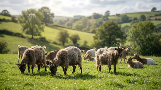 Herd of goats grazing in a lush green meadow on a sunny day, with rolling hills in the background