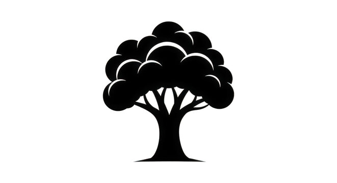 A black silhouette of a tree with a large canopy