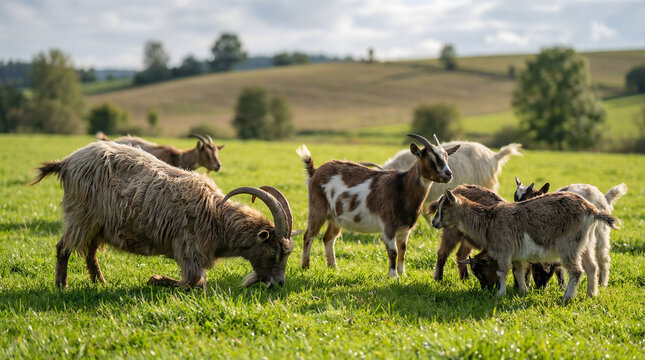A herd of goats grazing peacefully on a lush green pasture under a bright sunny sky