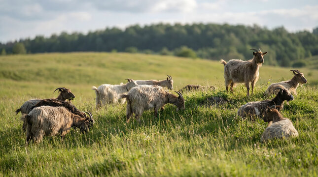 Herd of goats grazing peacefully in a sun-drenched, grassy meadow on a summer day
