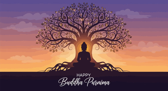 Buddha Purnima celebration with silhouette of Buddha under Bodhi tree at sunset