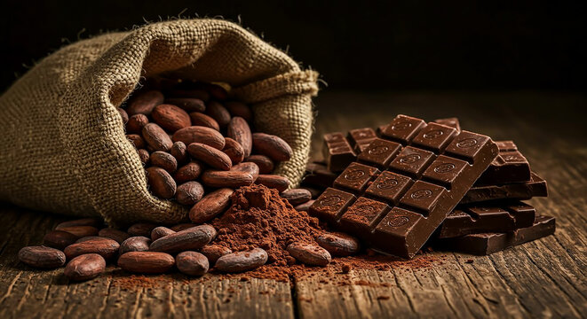 Dark chocolate bars stacked next to raw cocoa beans, cocoa powder, and a burlap sack on a wooden table.