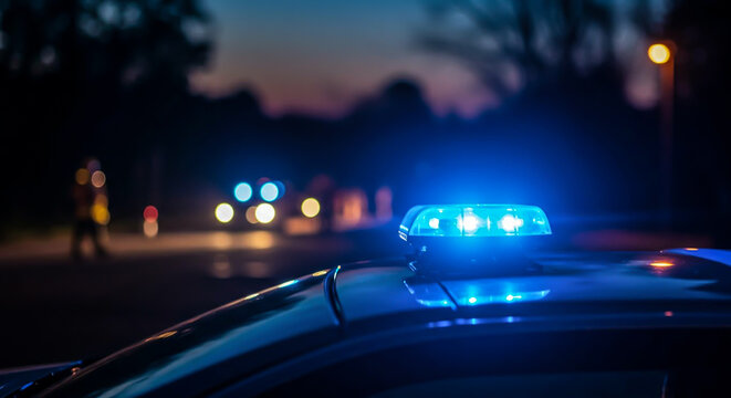 Flashing blue light on an emergency vehicle at the scene of an accident or crisis with soft focus on first responders in the distance.