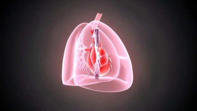 3D model of human lungs and trachea highlighted in red