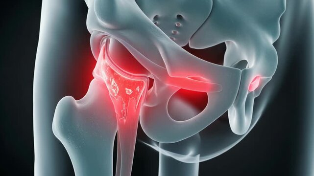 Human hip joint x-ray with red glowing spots on the pelvic bone