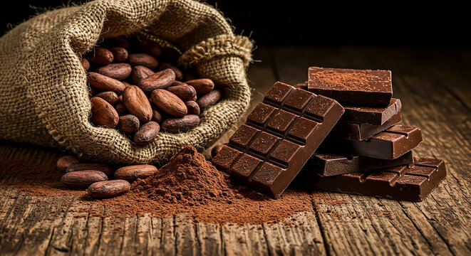 Dark chocolate bars stacked next to raw cocoa beans, cocoa powder, and a burlap sack on a wooden table.