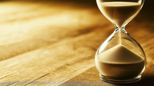 infamy. Final grain of sand falling through hourglass center, soft wooden background, dramatic lighting. wellbeing guides.
