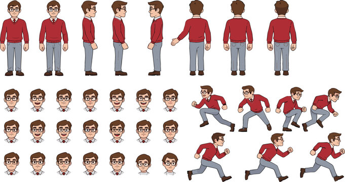 Boy character turnaround and animation poses set including running, jumping, and facial expressions in cartoon vector style for game design and motion projects