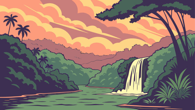 Tropical landscape, jungle waterfall, green forest, sunset background, vector illustration