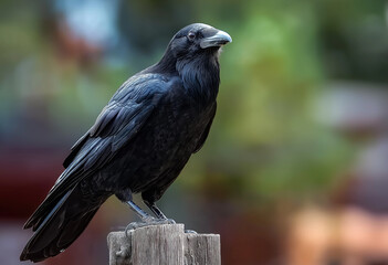 Fototapeta premium Black raven perched on a wooden post with blurred green background isolated on a transparent background