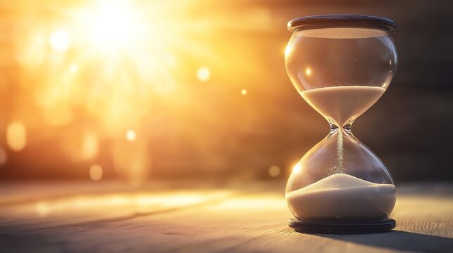 infamy. Final grain of sand falling through hourglass center, soft wooden background, dramatic lighting. wellbeing guides.