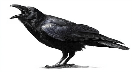 Fototapeta premium Black Raven Bird with Open Beak on White Background isolated on a transparent background