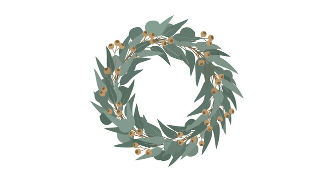 Hand Drawn Eucalyptus Wreath with Berries Botanical Illustration