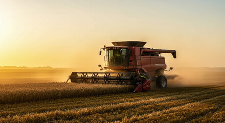 Fototapeta premium Powerful combine harvester cuts ripened grain in a dusty field under warm golden sunset light, symbolizing modern agriculture and a bountiful harvest season.