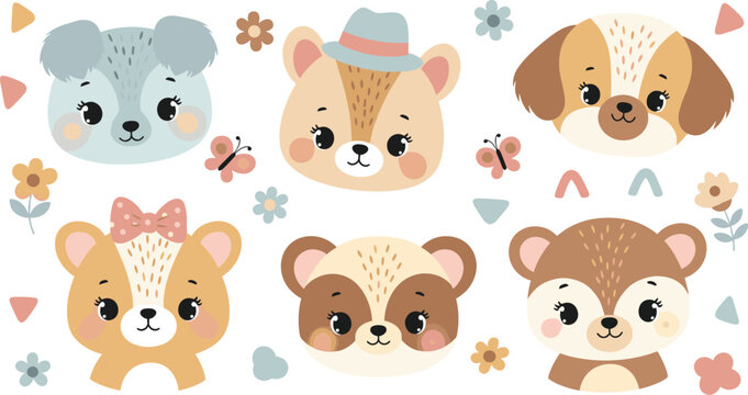 Cute Baby Animal Faces Set with Bear, Dog, Koala, and Forest Characters for Kids Nursery Design, Stickers, and Cartoon Illustration Collection