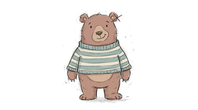 A cute brown bear wearing a striped sweater stands happily indoors.