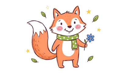 Fototapeta premium A cartoon fox holds a blue flower while wearing a green scarf surrounded by leaves and stars indoors.