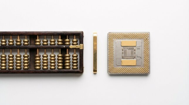 Traditional wooden abacus and modern microprocessor in symmetrical balance represent historical financial trust meeting modern execution.