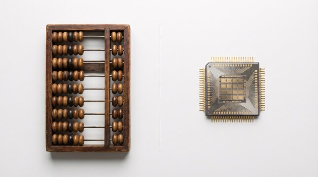 Traditional wooden abacus and modern microprocessor in symmetrical balance represent historical financial trust meeting modern execution.
