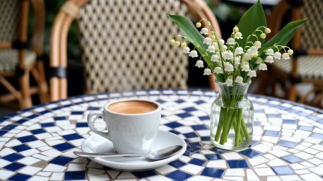 A cup of coffee and lily of the valley flowers on a mosaic table