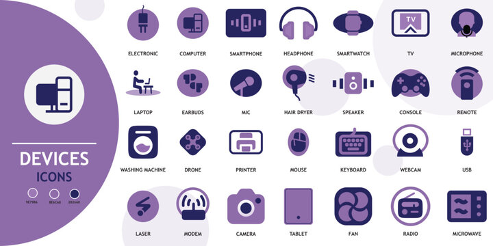 Devices icon set. Containing smartphone, tablet, computer, TV, camera, speaker, smartwatch, microphone, headphones and more. Solid vector icons collection with multicolour code
