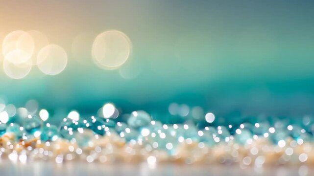 Abstract background featuring a line of shimmering glass beads and water droplets against a gradient teal and golden bokeh backdrop perfect for luxury branding and elegant designs
