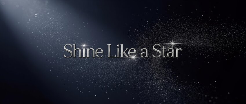 Elegant panoramic banner with "Shine Like a Star" silver typography on a dark navy background featuring a spotlight beam and a shimmering trail of stardust and glitter particles