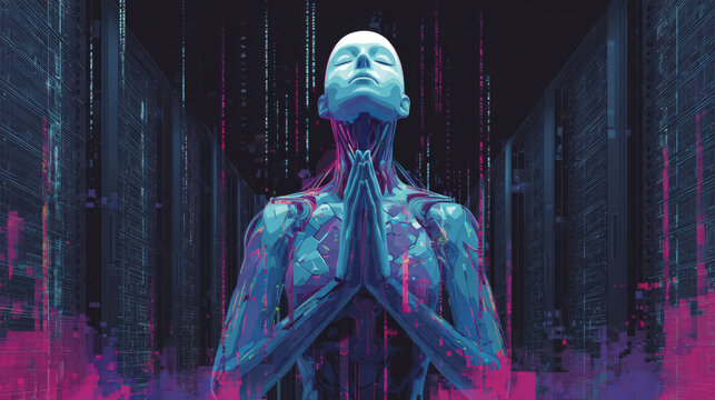 Futuristic digital prayer virtual realm art piece cyber environment reflective perspective mindfulness concept