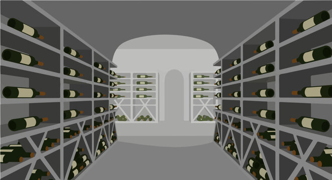 Long narrow wine storage cellar corridor with racks full of bottles