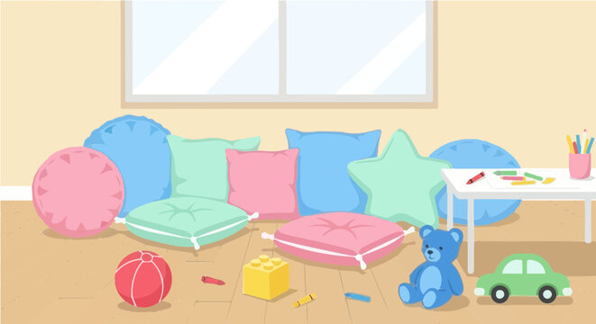 Colorful childrens playroom with floor pillows toys and bright furniture