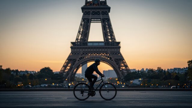 Silhouette of a Cyclist Riding Past the Eiffel Tower in Paris at Sunset