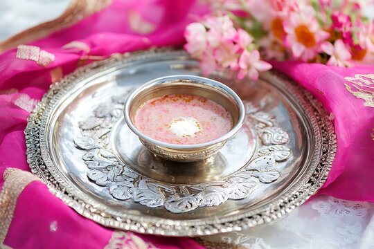 Cham cham in pink and white tones displayed on a traditional silver thali with lace cloth 