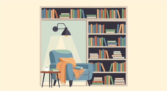 Comfortable reading nook armchair with tall bookshelves and lamp