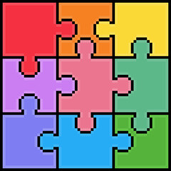 Fototapeta premium Pixel art colorful jigsaw puzzle grid, nine connected multi colored pieces icon