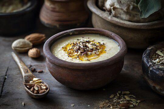 Creamy rabri served in a traditional clay bowl with almond flakes and saffron threads 