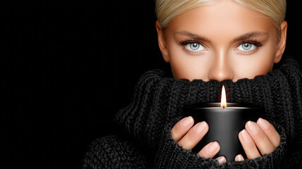 Young woman holding candle and looking at camera in dark setting 