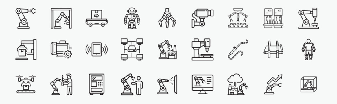 Robotic Arms and Automation Icons. Industrial robotic arms, assembly conveyor, camera, plc cabinet illustration. Line art automation technology icons. 