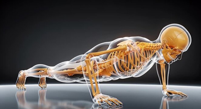 Anatomical illustration of human skeleton performing push ups
