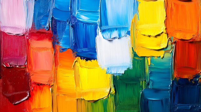 Thick layers of vibrant acrylic paint create a textured abstract composition.