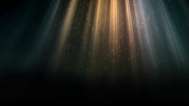 Golden Volumetric Light Rays with Falling Particles on Dark Background