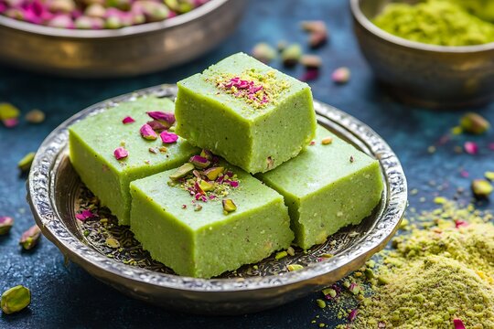 Feroza-colored pistachio barfi with smooth texture displayed beside crushed pista powder 