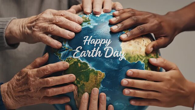 Diverse hands holding planet earth with happy earth day message