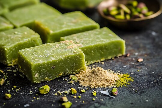 Feroza-colored pistachio barfi with smooth texture displayed beside crushed pista powder 