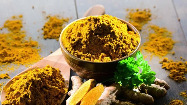 A bowl of turmeric powder on wooden table.